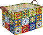 Mexican Talavera Decoration Storage Basket Waterproof Canvas Toy Storage Bin Collapsible Outdoor Basket with Leather Handles Mexican Talavera Decor Blanket Baskets For Closets,Bedrooms,Gifts Baskets