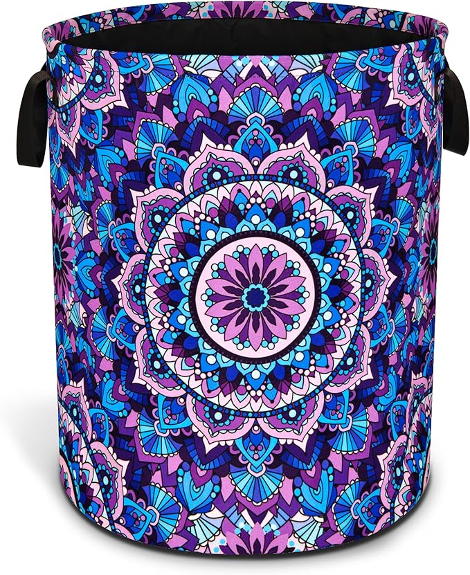 Mandala Laundry Basket Beautiful Flowers Foldable Oxford Cloth Funny Tote Bag Laundry Hamper Clothes Storage Bucket Organizer For Bathroom/Laundry Storage/Bedroom 17.7x13.7 Inch
