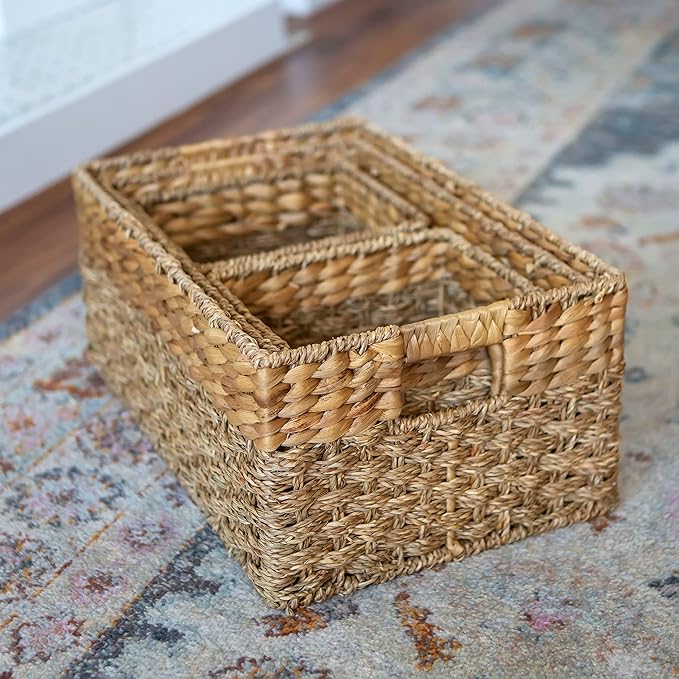 Wicker Basket Set of 4, Natural Seagrass and Hyacinth Nesting Storage Baskets with Handles for Organizing Shelves, Closet, Pantry, Living Room, Decorative Wicker Storage Baskets, 4 Pack