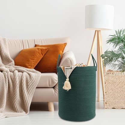 Woven Cotton Rope Laundry basket-15”X20” Laundry Hamper-Rope Storage Basket for Dirty Clothes, Toys and Blankets Perfect for Bathroom, Baby nursery and Living Room Storage (dark green)
