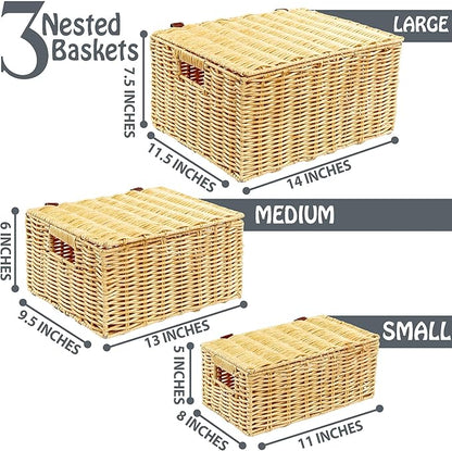 Wicker Storage Baskets Hand Woven with Lids – Set of 3 (Large, Medium, Small) for Organizing Clothes, Toys, Books – Cute Organizer Stackable Basket with Lid for Bedroom, Nursery, and Home Decor