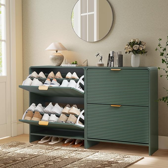 RARZOE Set of 2 Fluted Shoe Storage Cabinets for Entryway, Narrow Curved Shoe Cabinet with 2 Flip Drawers, Wood Hidden Shoe Organizer Closed Shoe Rack Cabinet for Foyer,Hallway (29.5''Green)