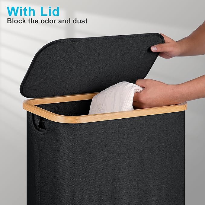 efluky Slim Laundry Basket with Wheels, Narrow Rolling Laundry Hamper with Lid and Removable Bag, Aesthetic Dirty Clothes Hamper on Wheels for Laundry Room, Bedroom, Dorm and Bathroom, 75L Dark Black