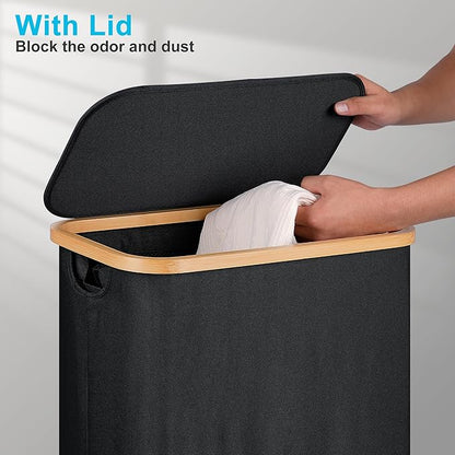 efluky Slim Laundry Basket with Wheels, Narrow Rolling Laundry Hamper with Lid and Removable Bag, Aesthetic Dirty Clothes Hamper on Wheels for Laundry Room, Bedroom, Dorm and Bathroom, 75L Dark Black
