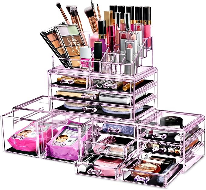 Sorbus Large Makeup Organizer - Clear Stackable Jewelry & Makeup Organizer For Vanity, Bathroom Storage, Dresser - 12 Drawers Cosmetic Beauty Organizers and Storage with Lipstick, Makeup Brush Holder