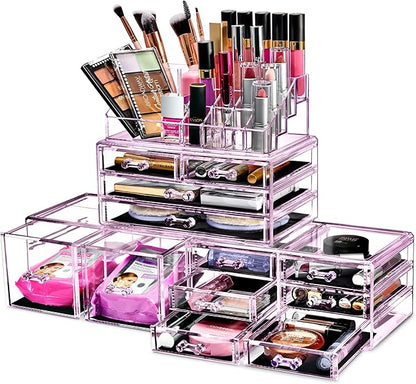 Sorbus Large Makeup Organizer - Clear Stackable Jewelry & Makeup Organizer For Vanity, Bathroom Storage, Dresser - 12 Drawers Cosmetic Beauty Organizers and Storage with Lipstick, Makeup Brush Holder
