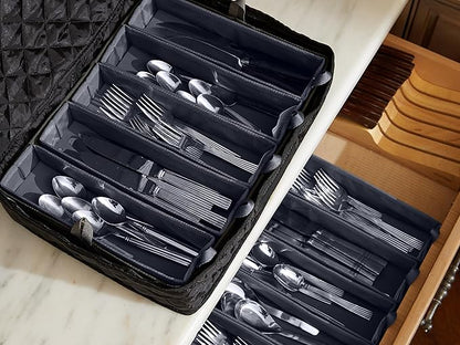 Covermates Flatware Storage Case with Removable Trays, Quilted Silverware Organizer with ID Window, Zipper Closure, Washable Protective Kitchen Storage Container, 15.5x11.5x3.5, Black