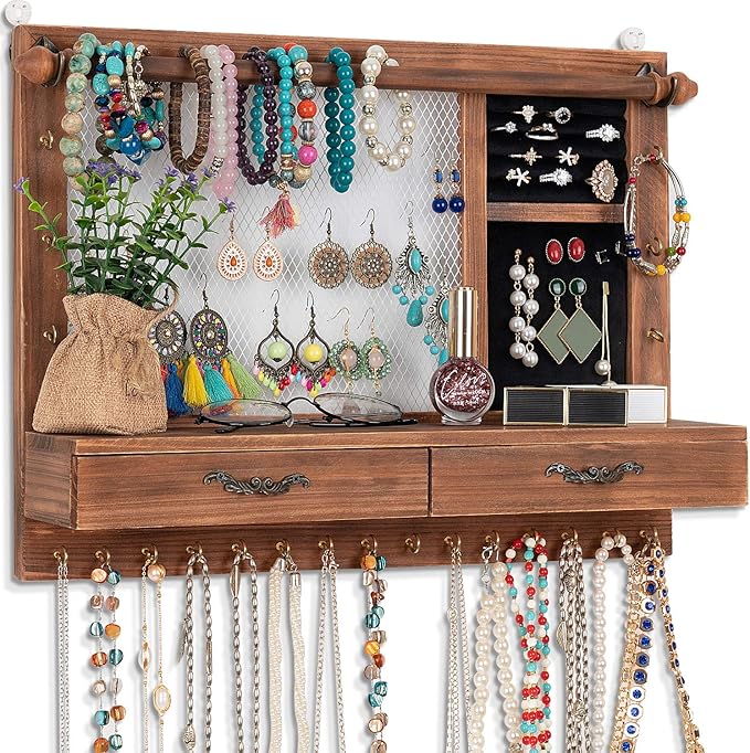 Jewelry Wall Organizer Wall Mounted, Jewelry Hanger Display Rack Earring with Drawers, for Earring/Stud/Ring/Necklace/Bracelets Accessories Bangles Holder Girls Gift (brown)