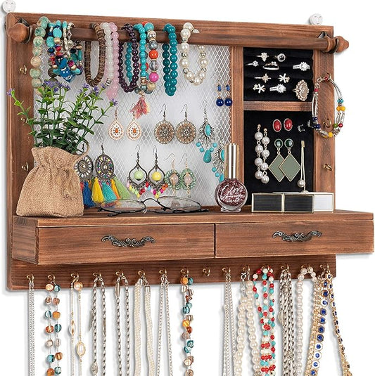 Jewelry Wall Organizer Wall Mounted, Jewelry Hanger Display Rack Earring with Drawers, for Earring/Stud/Ring/Necklace/Bracelets Accessories Bangles Holder Girls Gift (brown)