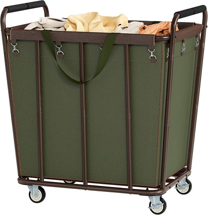 Hoctieon Large Laundry Cart with Wheels, 400L Heavy Duty Laundry Basket Organizer, Rolling Hamper Sorter for Clothes Storage, Industrial Dirty Clothes Hamper for Home & Hotel, Green+Brown