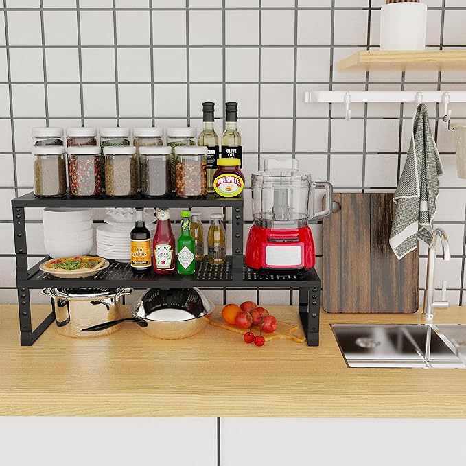 Jojocross Expandable Adjustable Stackable Kitchen Organizer, Spice Rack,Metal Pantry Storage Shelves Racks,Counter Shelf for Cabinets, Countertop, Cupboard (3 Packs/Large/Black)