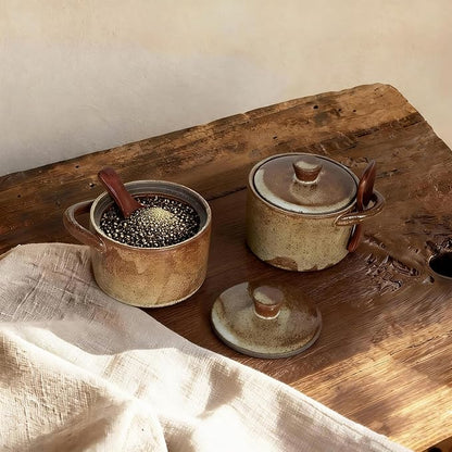 Handcrafted Speckled Ceramic Salt Cellar with Wooden Spoon, Rustic Vintage Spice Jar, Dishwasher Safe, 8.45 fl oz (Peckled Ceramic set of 2)