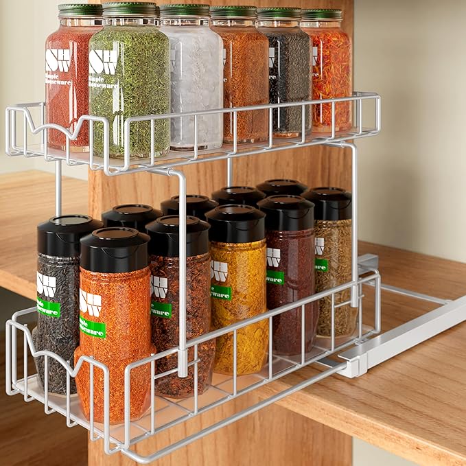 Simple Houseware 2-Tier Spice Rack Slide Out Wire Basket Drawer Organizer, White
