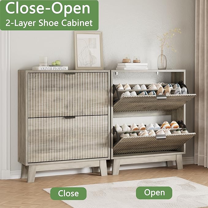 Xixini Shoe Cabinet with 2 Flip Drawers, 37" Tall Narrow Fluted Shoe Storage Organizer for Entryway, Hidden Slim Wooden Shoe Rack Cabinet for Front Door Entrance, Hallway, Living Room, Light Grey