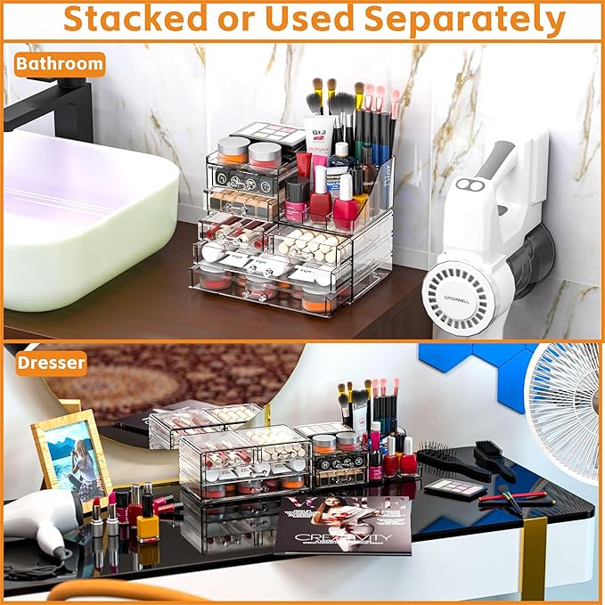Cq acrylic Make Up Organizers for Vanity With 6 Drawers, 2 Pack Clear Drawer Organizers,Plastic Cute Desk Accessories Organization and Bathroom Organizers Storage Case Box Cube for Beauty,Skin Care