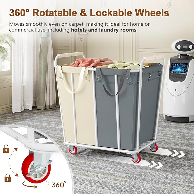 Hoctieon 2 Section Laundry Sorter Cart, 400L Rolling Hamper with Wheels, Industrial Laundry Basket Organizer, Extra Large Dirty Clothes Hamper for Home & Hotel, Heavy Duty, Gray+Beige