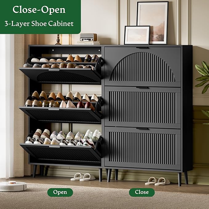 Xixini Shoe Storage Cabinet with 3 Flip Drawers, 50" Tall Narrow Wood Fluted Shoe Organizer for Entryway, Freestanding Wooden Hidden Slim Shoe Rack for Front Door Entrance, Hallway, Foyer, Solid Black