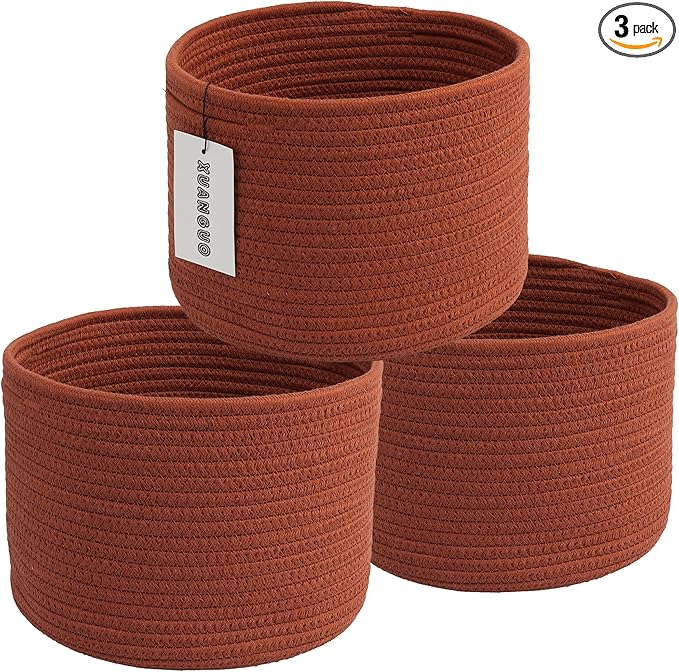 XUANGUO Woven Cotton Storage Baskets - 3-Pack Round Bins (10x10x7'') for Shelves, Closets & Bookcases | Durable Rope Organizers for Nursery, Baby, Toys, Easter & More (rustic)