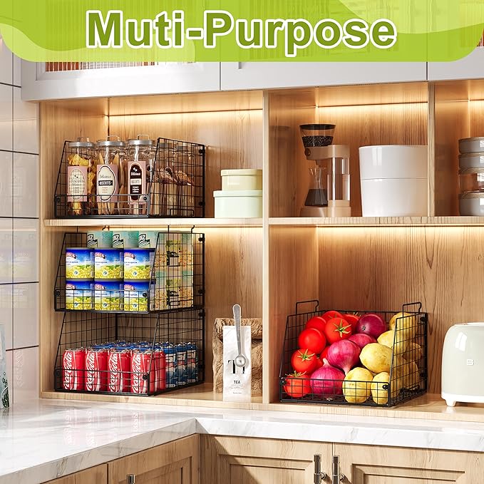 Jakyitvi 4 Pack XXL Stackable Wire Storage Basket, Extra Large Capacity Pantry Organizer and Storage, Muti-Purpose for Fruit Vegetable Basket & Toy Bin & Snack Organizer