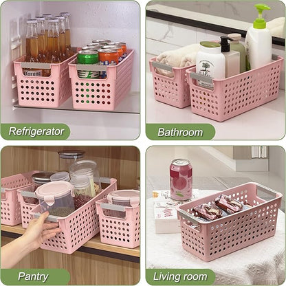 Soddeph 4 Pack Slim Plastic Storage Basket with Handles, Rectangular Storage Bins for Shelves,Narrow Organizer box for Organizing, Kitchen,Home,Office(Pink, Small)