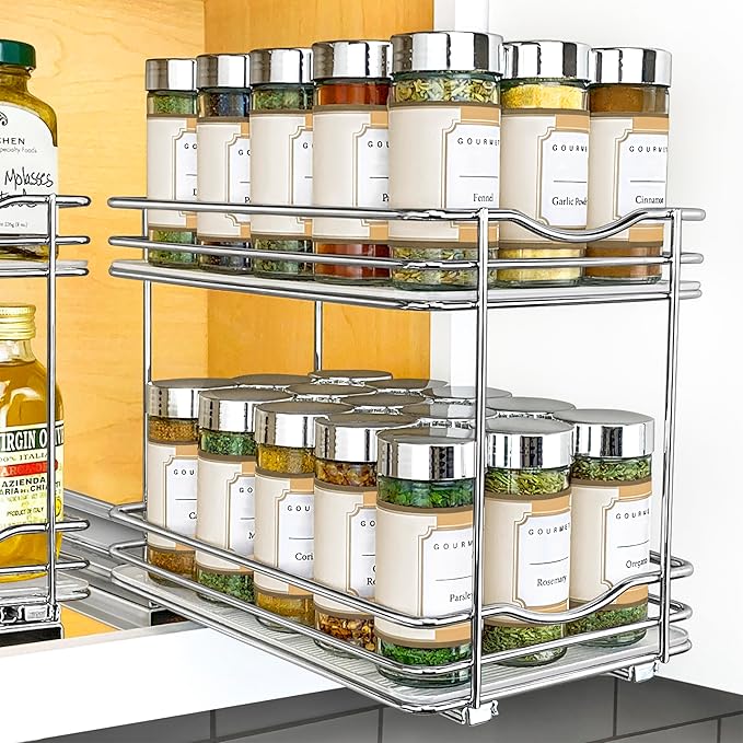 LYNK PROFESSIONAL® Pull Out Spice Organization for Cabinets - 6-3/8 inch Wide – Spice Rack for Inside Cabinets, Slide Out Spice Rack Organizer for cabinet – Pull Out Spice Rack, Sliding 2 Tier Chrome