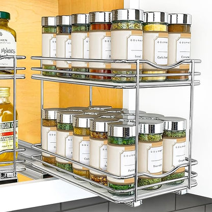 LYNK PROFESSIONAL® Pull Out Spice Organization for Cabinets - 6-3/8 inch Wide – Spice Rack for Inside Cabinets, Slide Out Spice Rack Organizer for cabinet – Pull Out Spice Rack, Sliding 2 Tier Chrome