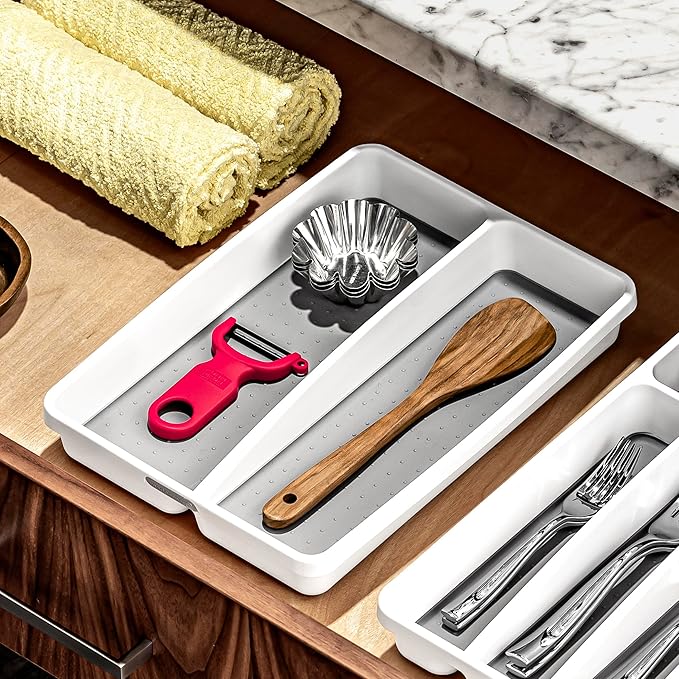 madesmart Small Utensil Tray, Multi Purpose Storage Organizer, Deep Storage for Ladles, Whisks & Serving Tools, Non Slip Lining, for Drawers & Home Organization, White