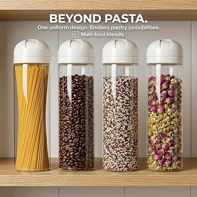 Glass Spaghetti Storage Jar with Twist & Pour Measuring Lid, 67 oz Tall Pasta Container, Borosilicate Glass Food Canister for Pantry Organization (White)