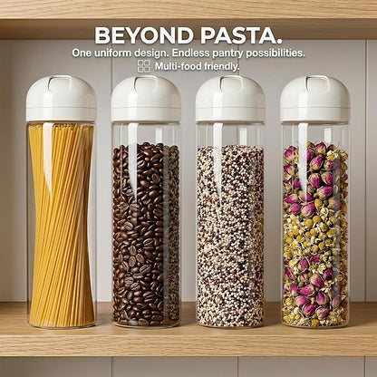 Glass Spaghetti Storage Jar with Twist & Pour Measuring Lid, 67 oz Tall Pasta Container, Borosilicate Glass Food Canister for Pantry Organization (White)