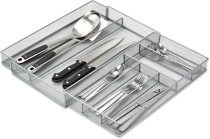 Honey-Can-Do Expandable Steel Mesh Drawer Organizer, 7 Compartments, Silver, Adjustable 11.5 to 20 Inches Wide