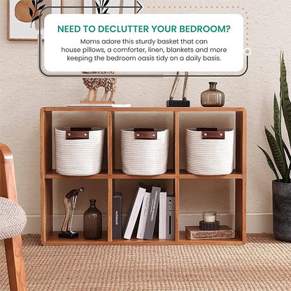 3 Pack Cotton Rope Storage Basket Woven Shelf Storage Bin with Faux Leather Handles, Decorative Closet Shelf Woven Basket for Storage Organizers, 15 x 10 x 9, Cream