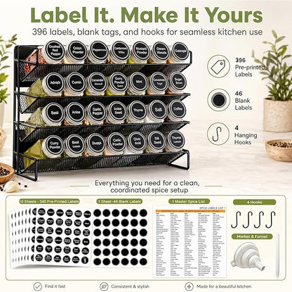 UVIAHOMI Magnetic Spice Rack Organizer for Refrigerator with 28 Spice Jars, 386 Spice Labels, 4 Hook, Chalk Marker and Funnel Set, Magnetic Shelf for Seasoning Organizer, 13.2'' W x 9.8 H, Black