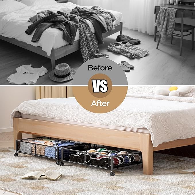 Yecaye Under Bed Storage with Wheels, 2 Pack Under Bed Shoe Storage Organizer Drawer, Tool-free Assembly Metal Underbed Storage Containers for Clothes, Shoes, Toys, Black