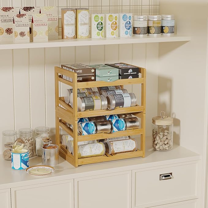 BAMBANG Can Organizer for Pantry, Detachable Bamboo 4 Tier Stackable Can Storage Rack, Rolling Soda Can Dispenser Can Holders for Cabinet, Holds Up to 48 Cans