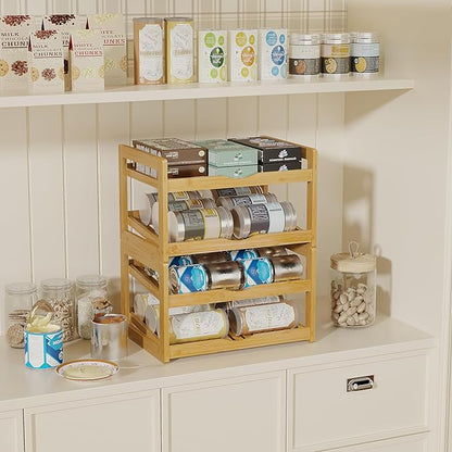 BAMBANG Can Organizer for Pantry, Detachable Bamboo 4 Tier Stackable Can Storage Rack, Rolling Soda Can Dispenser Can Holders for Cabinet, Holds Up to 48 Cans