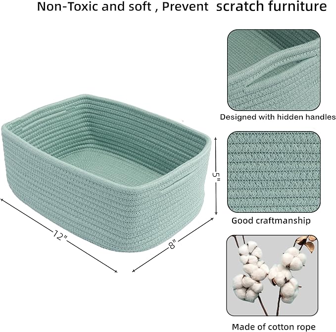 XUANGUO Small Woven Storage Baskets 12“X8”X5“ Decorative Rope Bins for Organizing Shelves, Closets, and Toys, Empty Gift Baskets, Cute Organizer Basket for Home and Office (green, regular)