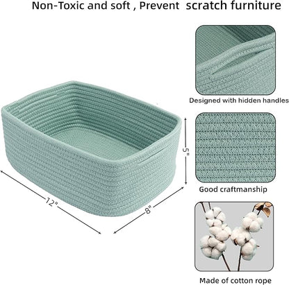 XUANGUO Small Woven Storage Baskets 12“X8”X5“ Decorative Rope Bins for Organizing Shelves, Closets, and Toys, Empty Gift Baskets, Cute Organizer Basket for Home and Office (green, regular)