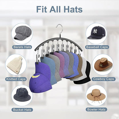 Yecuip Hat Hangers for Closet, Metal Hats Organizer Racks for Base Ball Caps 2 Pack Door Hats Racks for Baseball Cap with 10 Large Clips, Baseball Hat Holder for Closet Storage, Fits All Cap-Black