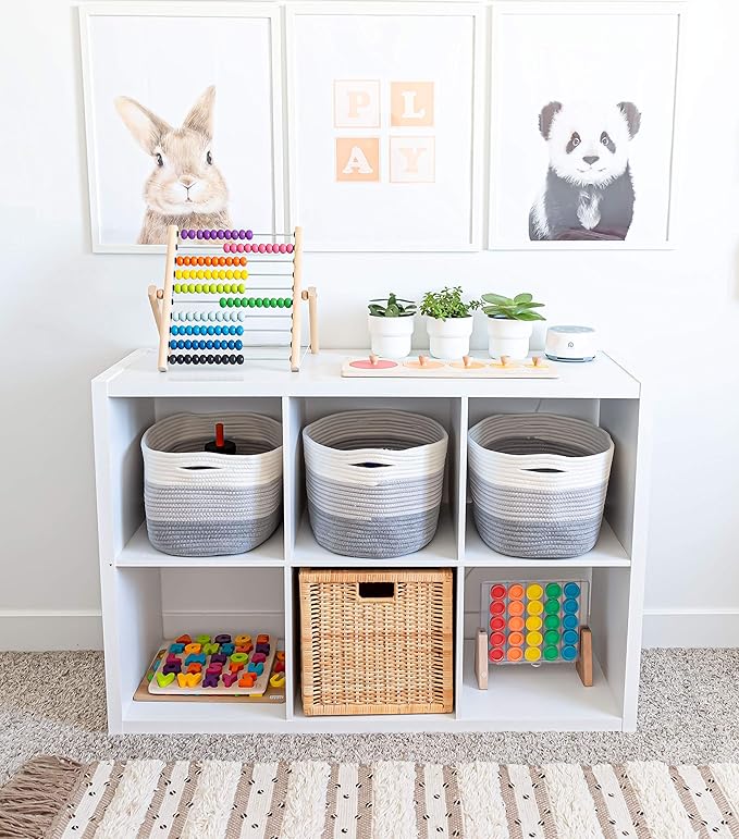 3-Toned Gray Cotton Rope Basket for Shelf Storage - 15"×10"×9½" - Woven Decorative Basket for Organizing - Closet, Nursery, Bedroom - Toys, Books, Towels, Clothes