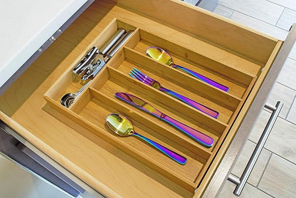 Drawer Organizer 100% Organic Bamboo| Premium Cutlery and Utensil Tray| Perfect For The Kitchen, Bathroom, Desk, etc.| Kitchen Drawer Divider with 5 Compartments