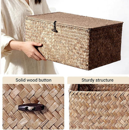 Nonam Seagrass Storage Large Basket with Lid,Wicker Basket Storage Bin with Lid for Shelves,Boho Decor,Handwoven Shelf Basket for Organizing-Storage Container Box for Home Organization-Coffee