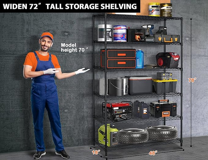 78" Storage Shelves Heavy Duty Shelving Loads 1000/6000Lbs, 6 Tier Metal Shelving Storage Utility Shelf Rack, Wide Garage Shelving, Adjustable Garage Storage Shelves for Garage Basement Warehouse