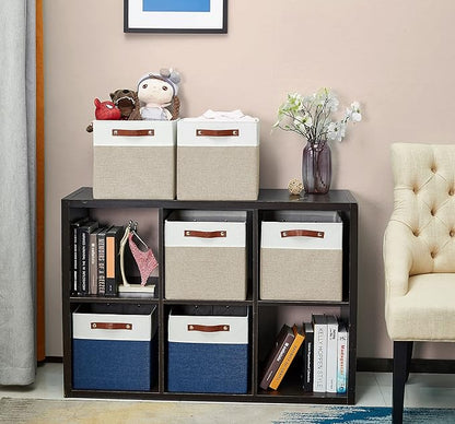DECOMOMO Fabric Cube Storage Bins - Storage Baskets for Shelves, Cube Storage Organizer for Kallax and Cubbies (Beige & White, 11 inch Cube) - 4 Pack
