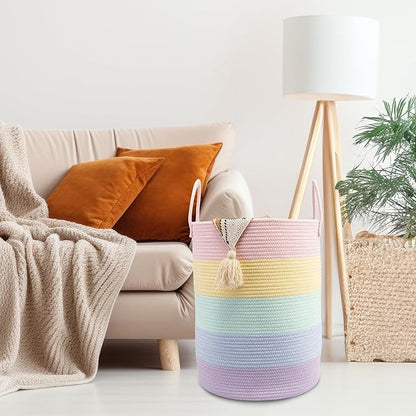 Woven Cotton Rope Laundry basket-15”X20” Laundry Hamper-Rope Storage Basket for Dirty Clothes, Toys and Blankets Perfect for Bathroom, Baby nursery and Living Room Storage (light rainbow)