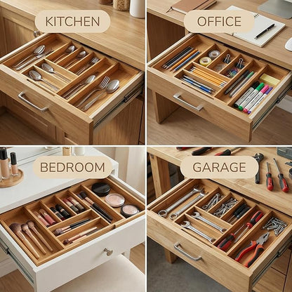 Bamboo Drawer Organizer - Expandable Kitchen Utensil Holder, Adjustable Silverware Drawer Organization, Kitchen Wooden Tray for Cutlery, Flatware & Stationery, 6-8 Slots (Natural)