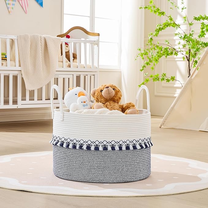 KAKAMAY Cotton Rope Storage Basket (20"x13"),Woven Hamper for Blankets,Toys,Pillows,Clothes,Laundry,Sturdy Handles Decorative Basket for Living Room, Bedroom,Nursery(Blue Printing)