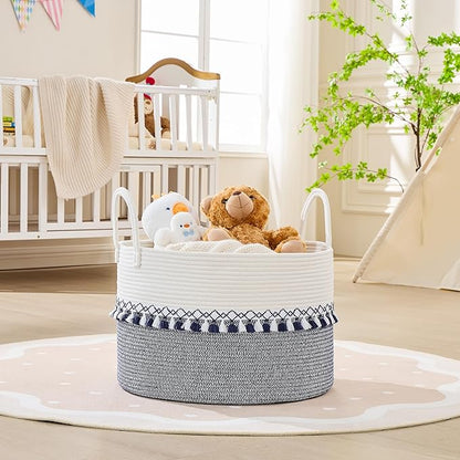 KAKAMAY Cotton Rope Storage Basket (20"x13"),Woven Hamper for Blankets,Toys,Pillows,Clothes,Laundry,Sturdy Handles Decorative Basket for Living Room, Bedroom,Nursery(Blue Printing)