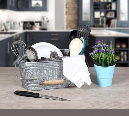 CLEENTABLE Farmhouse Galvanized Metal Utensil Caddy – 4-Compartment Silverware Organizer with Removable Handle for Countertop, Picnic & Party Use (10"x6.5"x5.5", Grey)