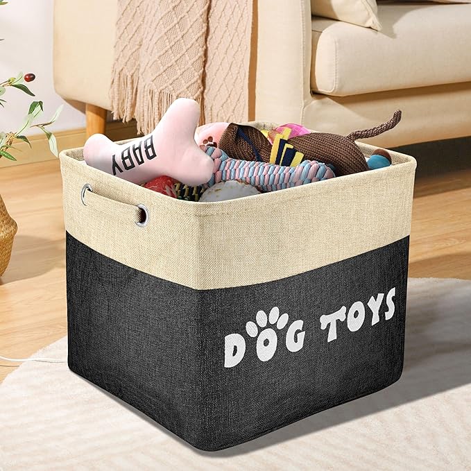 PET ARTIST Dog Toy Basket, Collapsible Dog Toy Bin Box with Comfortable Handles, Large Pet Toy Storage Basket Organizer for Accessories, Toys,Coat & Clothing,Blanket Leash (Black, L:15"x13"x12")