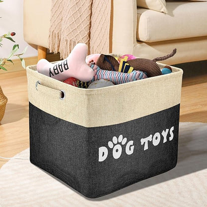 PET ARTIST Dog Toy Basket, Collapsible Dog Toy Bin Box with Comfortable Handles, Large Pet Toy Storage Basket Organizer for Accessories, Toys,Coat & Clothing,Blanket Leash (Black, L:15"x13"x12")